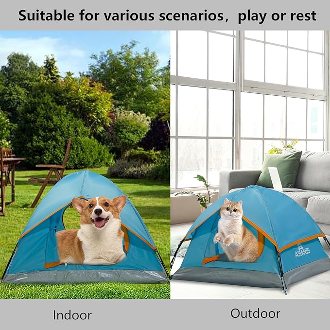 Outdoor Waterproof Pet Camping Tent, Cave Bed for Indoor Cats and Small Dogs, Portable Cat House Dog House, 29.5x29.5x18.9'', Blue, M.