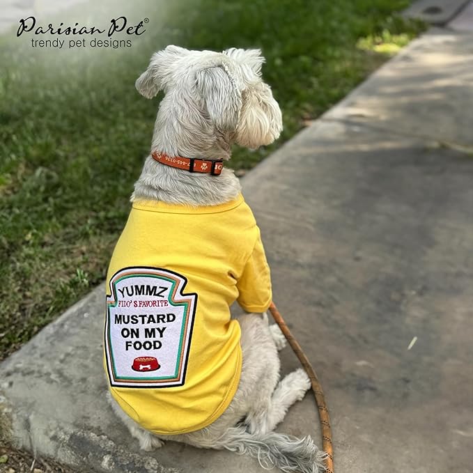 Parisian Pet Dog Shirt - Embroidered ?œMustard on My Food??- 100% Cotton and Polyester Dog Clothes - Sleeved, Lightweight Costume for Dogs - Yellow Dog Shirts for Small Dogs - Pet Costumes - S