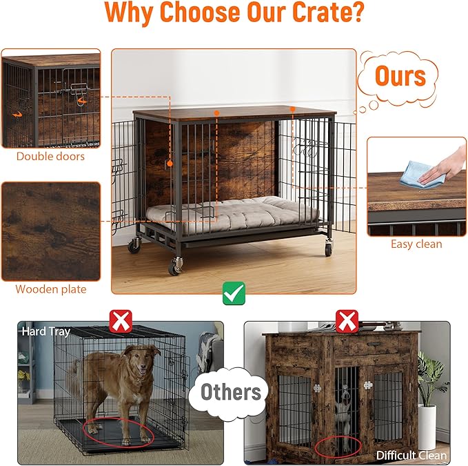 Dog Crate Furniture, 38.6" Wooden Dog Kennel with Wheels & Double Doors, Dog Cage End Table Upgraded, Indoor Dog Crate House for Large Medium Dogs, Rustic Brown