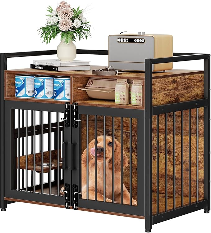 Dog Crate Furniture, 41 Inch Wooden Dog Cage with 2 Drawers, 360° & Adjustable Raised Feeder, Furniture Dog Crate for Medium-Large Dog Indoor