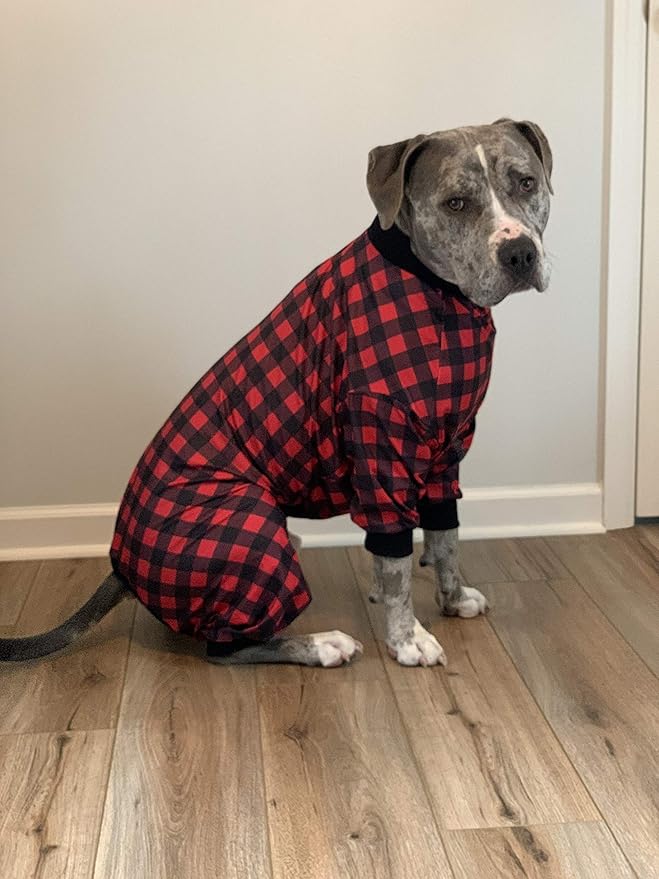 Tooth & Honey Pit Bull Pajamas – Buffalo Plaid Lightweight Pullover with Full Coverage – Updated Fit Dog PJs