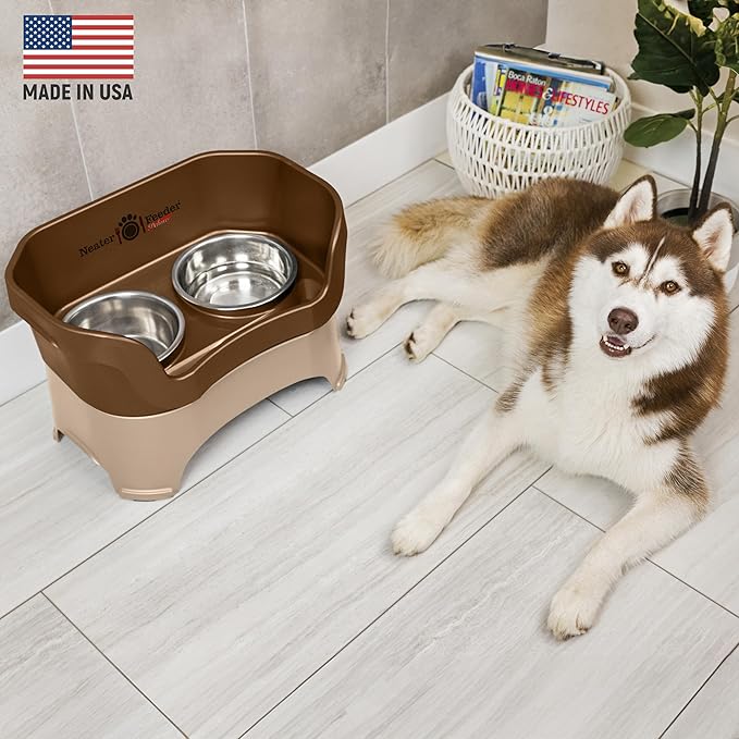 Neater Feeder Deluxe Mess Proof Dog Bowls Elevated for Large Breed – Made in USA – No Spill Raised Dog Food Bowl Stand – Stainless Steel Food and Water Bowl Set, Pet Dish Feeding Station, Bronze