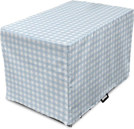 Lunarable Plaid Dog Crate Cover, Geometrical Striped Old Fashioned Pattern Pastel Colors Country, Easy to Use Pet Kennel Cover for Cats & Medium Dogs, 24 Inch, Pale Blue Yellow White