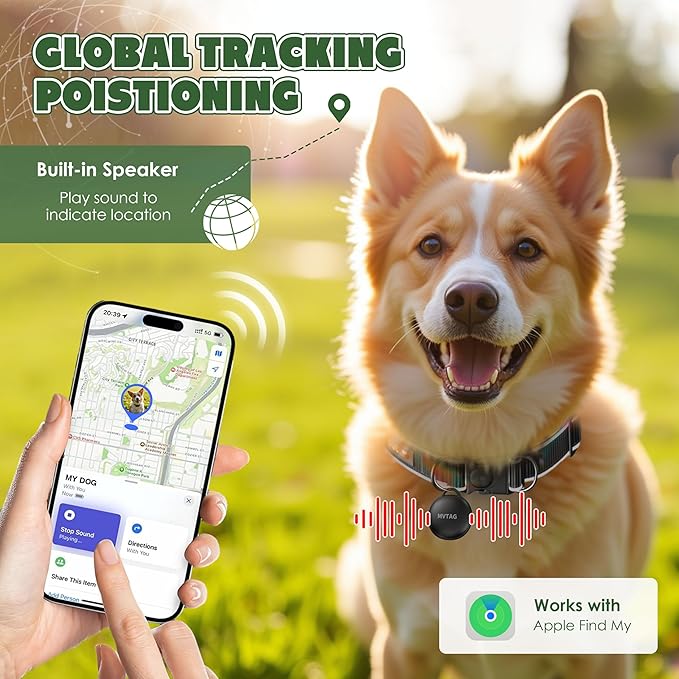 Dog Collar with Tracker GPS - Unlimited Range/Tracking Device/Lost Mode for Dogs Adjustable Size Smart Collar Set - Works with Apple Find My (iOS only)