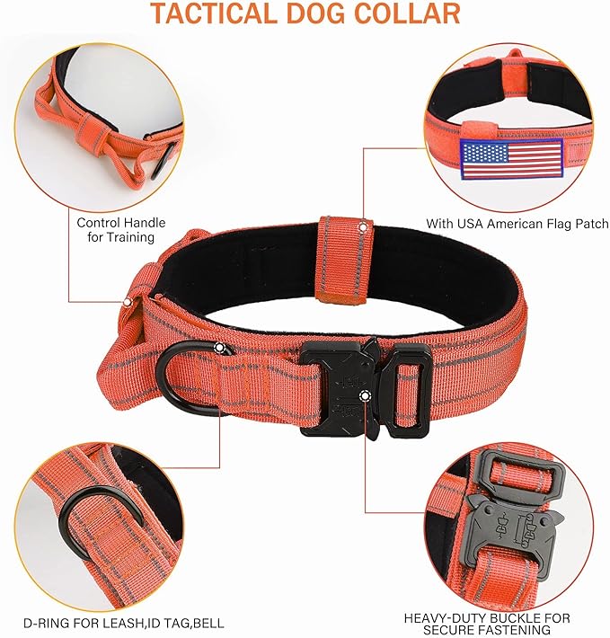 KCUCOP Tactical Dog Collar, Heavy Duty Dog Collar with Handle and Metal Buckle, Military Thick Dog Collars for Medium and Large Dogs(Orange-M-Reflective, 1 Patch)