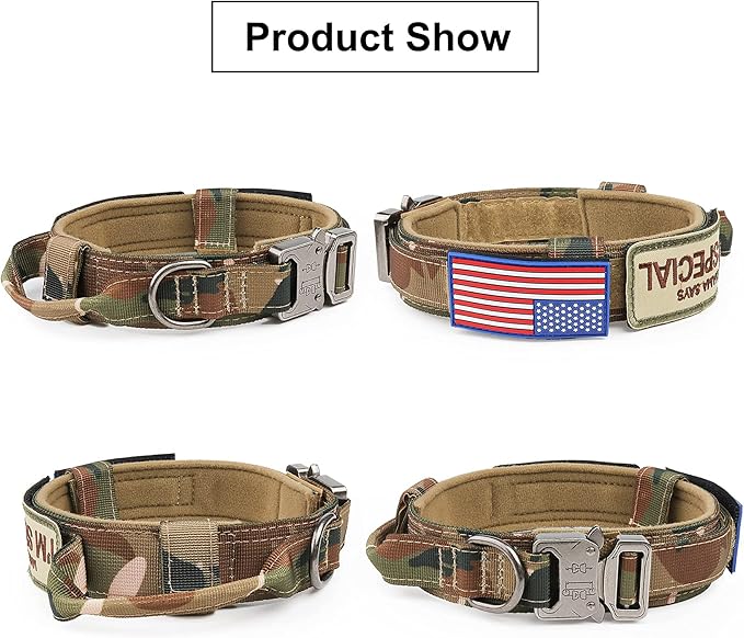 KCUCOP Tactical Dog Collar - Heavy Duty Dog Collar with Handle and Metal Buckle, Military Thick Dog Collars for Medium and Large Dogs(Upgrade Camo-XL, 2 Patches)