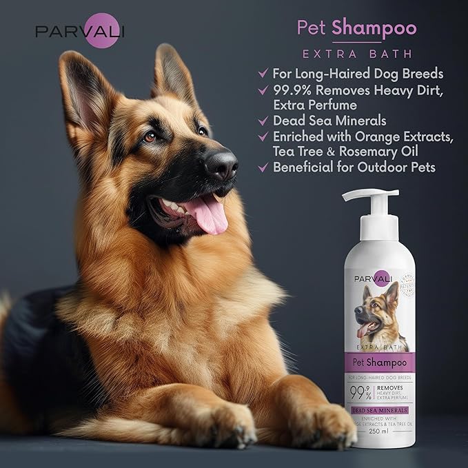 Natural Dead Sea Extra Bath Dog Shampoo (250 ml, 8.45 fl oz). for Long-Haired Breeds, Heavy Dirt Treatment, Anti-Itch Formula. Minerals Rich, Extra-Scented, Easy Application. Enjoy!