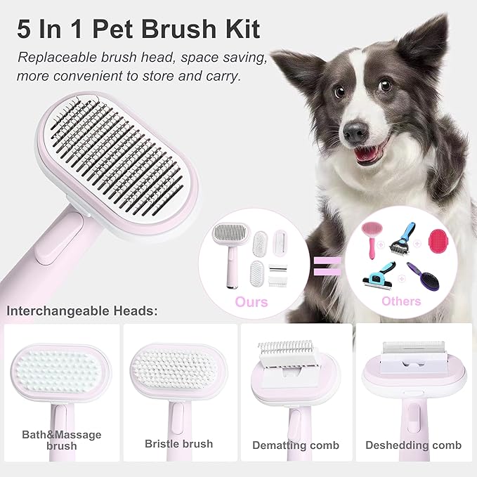 5 IN 1 Pet Grooming Kit,Dog&Cat Self Cleaning Slicker Brush for Shedding.Dematting&Deshedding&Undercoat Dog Brush,Dog Hair Brush,Suitable for Small&Large,Long&Short Haired Pets.(Pink)