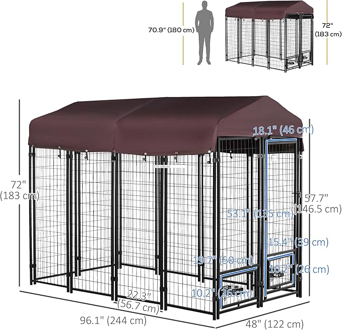 PawHut 8' x 4' x 6' Outdoor Dog Kennel with Rotating Bowl Holders, Walk-in Pet Playpen, Welded Wire Steel with Water and UV-Resistant Canopy, Red