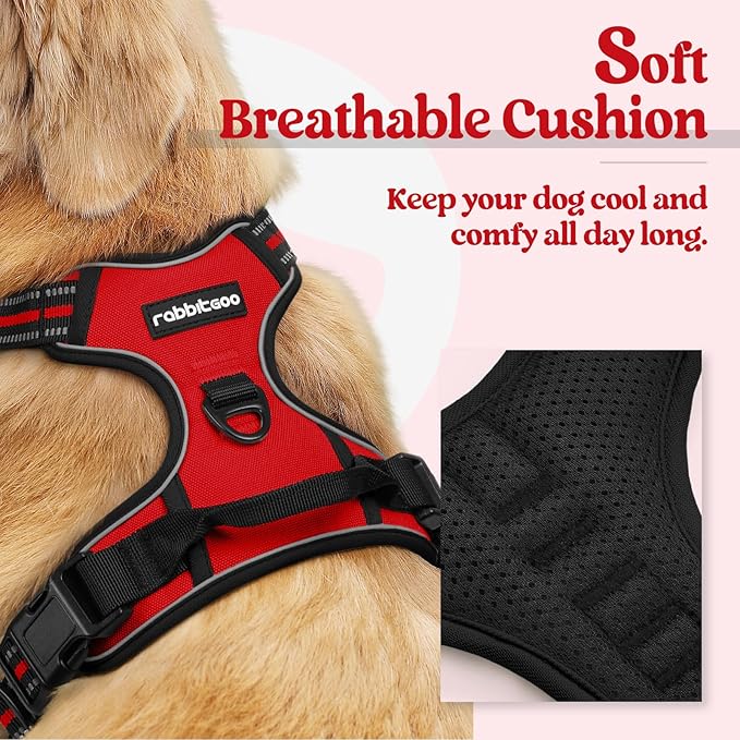 rabbitgoo Dog Harness, No-Pull Pet Harness with 2 Leash Clips, Adjustable Soft Padded Dog Vest, Reflective No-Choke Pet Oxford Vest with Easy Control Handle for Medium Dogs, Red, M