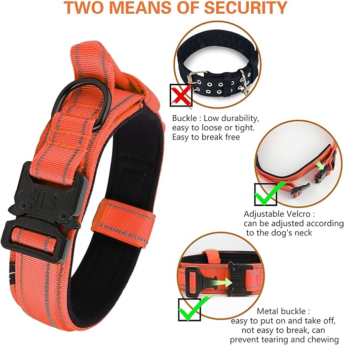 KCUCOP Tactical Dog Collar, Heavy Duty Dog Collar with Handle and Metal Buckle, Military Thick Dog Collars for Medium and Large Dogs(Orange-XL-Reflective, 1 Patch)