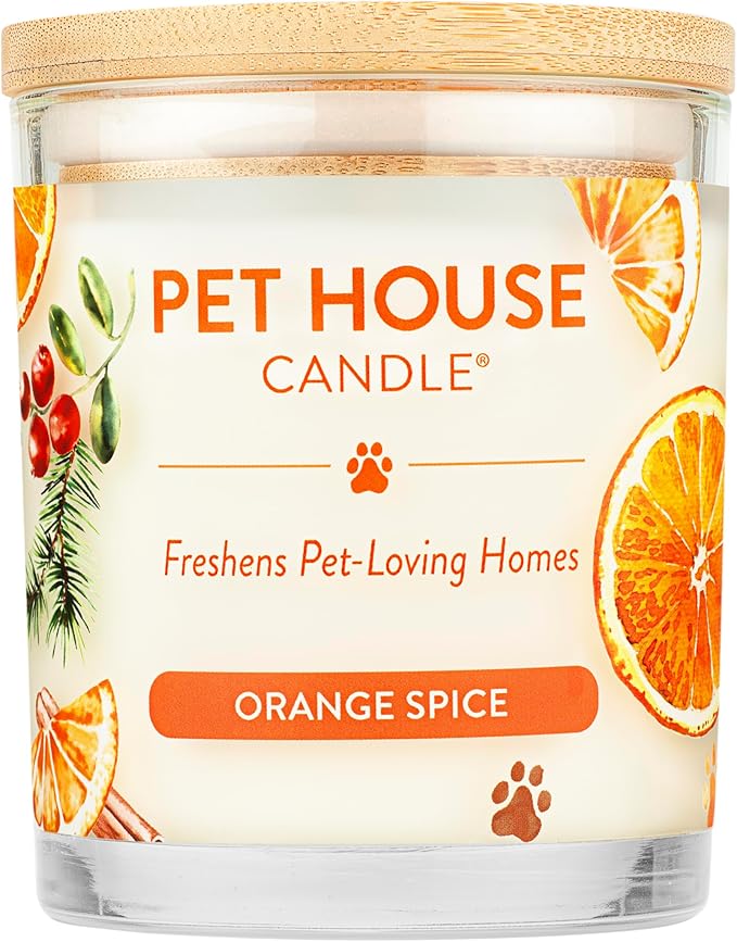 One Fur All Pet House Candle - Plant-Based/Soy, Long Lasting Pet Odor Candle for Home - Orange Spice