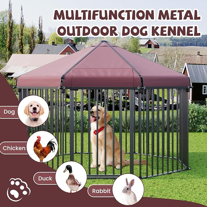 Octagon Outdoor Dog Kennel with Roof, Large Dog Kennel Outside with Metal Gate, Outdoor Dog Playpen with Secure Lock for Backyard (4.9x4.9x3.6FT)