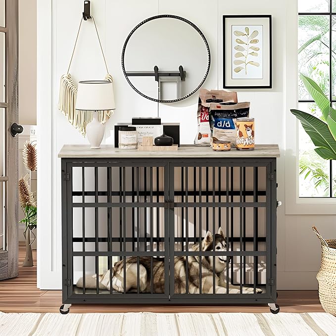 NicBex Dog Crate Furniture, 43.3" L Double Doors Flip-Top Kennel for Large Dogs, Grey