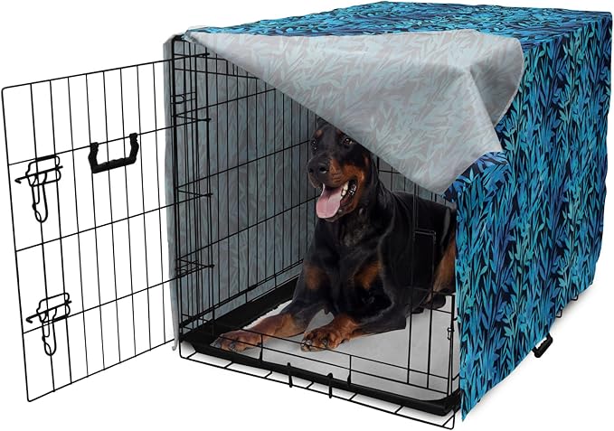 Lunarable Leaf Print Dog Crate Cover, Watercolor Hawaiian Inspired Nature Exotic Silhouettes on Dark Back, Easy to Use Pet Kennel Cover for Medium Large Dogs, 42 Inch, Violet Blue Turquoise