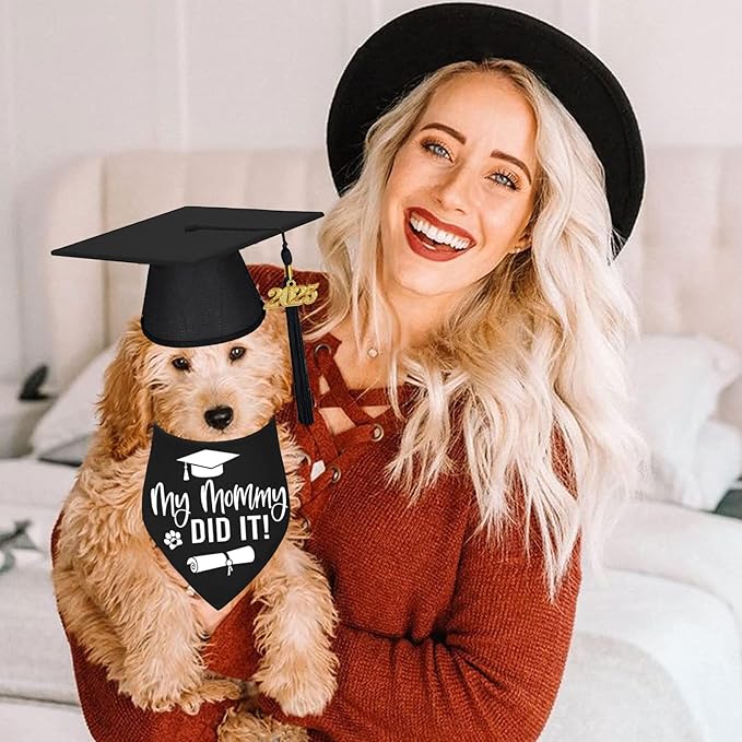 STMK Graduation Dog Cap with 2024 Tassels - Cap & My Mommy Did It Bandana for Small, Medium & Large Dogs (Black)