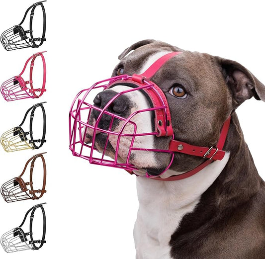 BRONZEDOG Pitbull Dog Muzzle Metal Mask Amstaff Wire Basket Pit Bull Adjustable Leather Straps for Large Dogs (Pink)