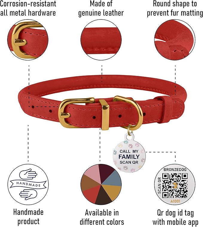 BRONZEDOG Rolled Leather Dog Collar with QR ID Tag Adjustable Soft Round Collars for Small Medium Large Dogs Puppy Cat (16" - 19" Neck Size, Classic Red)