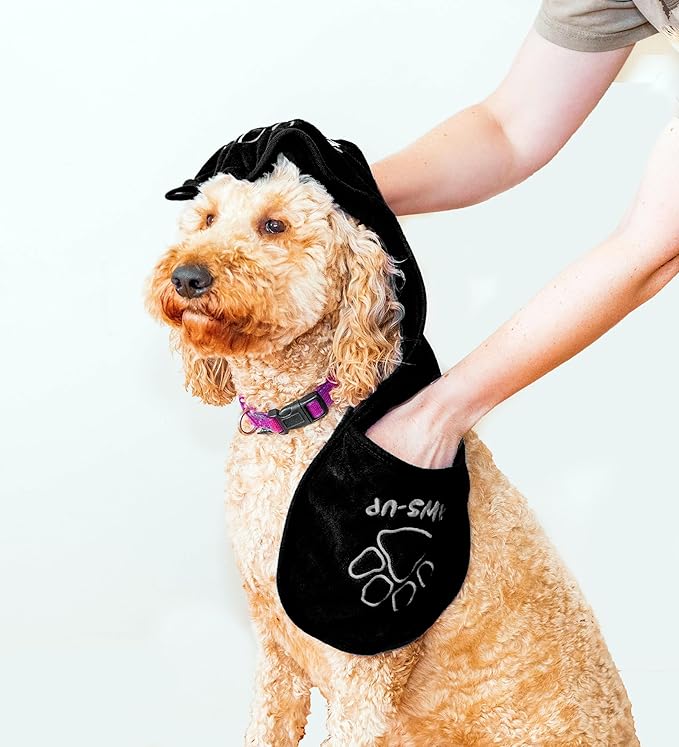 Paws-up Paw Cleaning Towel for Dogs removes mud Dirt Grass Sand allergens Machine Washable Microfiber Also Great for a Quick Dry Puppy Bath Towel with Two Hand Pockets for Control. 25.5” X 9” Black