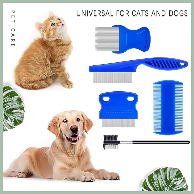 5 Pack Flea Lice Comb,Stainless Steel Dog Cat Grooming Combs With Rounded Teeth,Double-Sided Tear Stain Remover,Dematting Comb For Dogs Cats Ideal For All Types Of Small, Medium, Large Pets