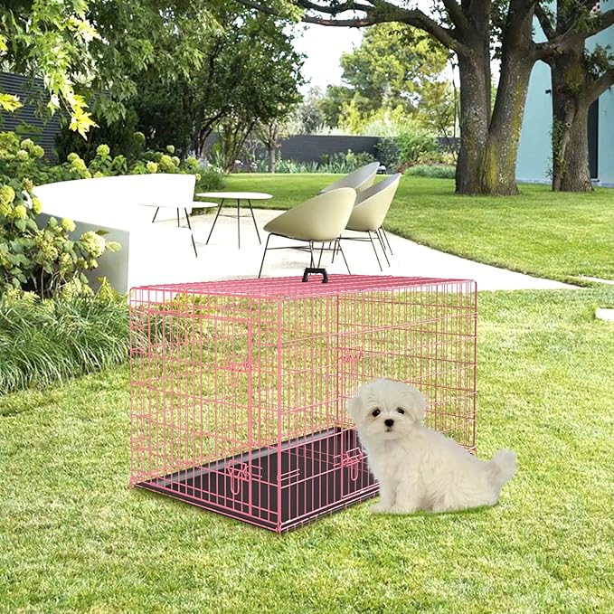 PayLessHere Large Dog Crate Kennel for Medium Large Dogs 24 inches Metal Dog Cage Double-Door Folding Travel Indoor Outdoor Puppy Playpen with Divider and Handle Plastic Tray,Pink