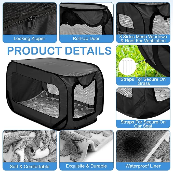 37 Inch Collapsible Dog Crate with Mat Liner Pop up Dog Kennel Waterproof Portable Car Seat Kennel Travel Crate for Pet Indoor Outdoor Cat Bed Collection(Black)