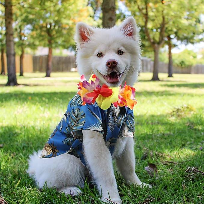 3 Pieces Pet Dog Hawaiian Costume, Includes Puppy Cool T-Shirts Summer Clothes, Funny Cute Dog Retro Fashion Sunglasses and a Colorful Wreath for Small to Medium pet(Blue Series)