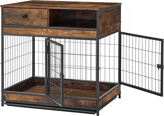 NicBex Dog Crate Furniture Dog Cage with 2 Doors and Drawers, Dog Kennels for Inside Space, Wooden Dog Crate with Stable Frame for Medium and Small Dogs, Antique Brown