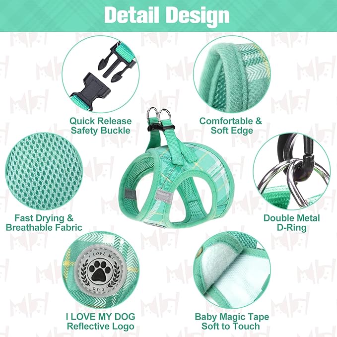 BEAUTYZOO Small Dog Harness and Leash Set,Step in No Chock No Pull Soft Mesh Dog Harnesses Reflective for Extra-Small/Small Medium Puppy Dogs and Cats, Plaid Dog Vest Harness for XS S Pets, Teal XS