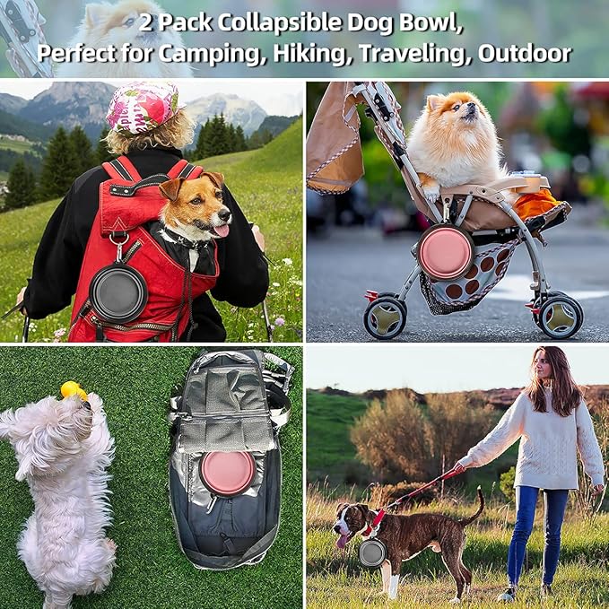 Kytely Large Collapsible Dog Bowls 2 Pack, 34oz Foldable Dog Travel Bowl, Portable Pet Water Food Bowl with Clasp, Pet Cat Feeding Cup Dish for Traveling, Walking, Hiking (Pink+Grey)