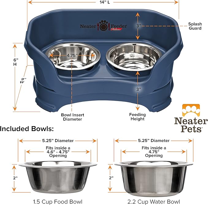 Neater Feeder Deluxe Mess Proof Dog Bowls Elevated for Small Breed – Made in USA – No Spill Raised Dog Food Bowl Stand – Stainless Steel Food and Water Bowl Set, Pet Feeding Station, Dark Blue