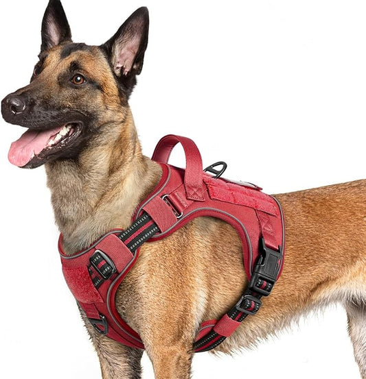 rabbitgoo Dog Harness for Large Dogs No Pull, Tactical Service Dog Vest with Molle and Control Handle, Adjustable and Reflective Military Pet Harness for Easy Walking and Training, Red, L