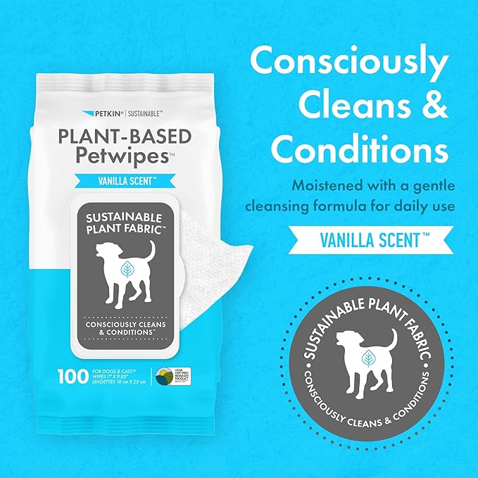 Petkin Plant-Based PetWipes, 100 Wipes, 2 Pack - Biobased, Sustainable, Big & Thick Pet Wipes for Dogs & Cats - for Face, Paws, Ears, Body & Eye Area - Consciously Cleans & Conditions - Vanilla