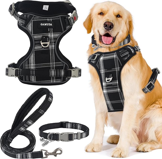 GAMUDA Dog Harness Collar and Leash Set, Horse Care Sheets, No Chock No Pull Adjustable Vest Harnesses Plaid Reflective for Medium Dog, Cat, Small Horse, Small Bull and Pig (Black, XL)