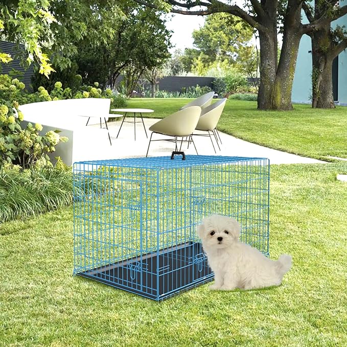 PayLessHere Large Dog Crate Kennel for Medium Large Dogs 24 inches Metal Dog Cage Double-Door Folding Travel Indoor Outdoor Puppy Playpen with Divider and Handle Plastic Tray,Blue