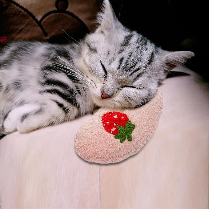 Lystaii Cat Calming Pillow for Indoor Pet Cat Dog Pillow Soft Fluffy Cat Bed Pillow Dog Neck Pillow Pet Toy Half Donut Anxiety Relief Pet Pillow with Cute Embroidery Pattern (Pink, Strawberry)