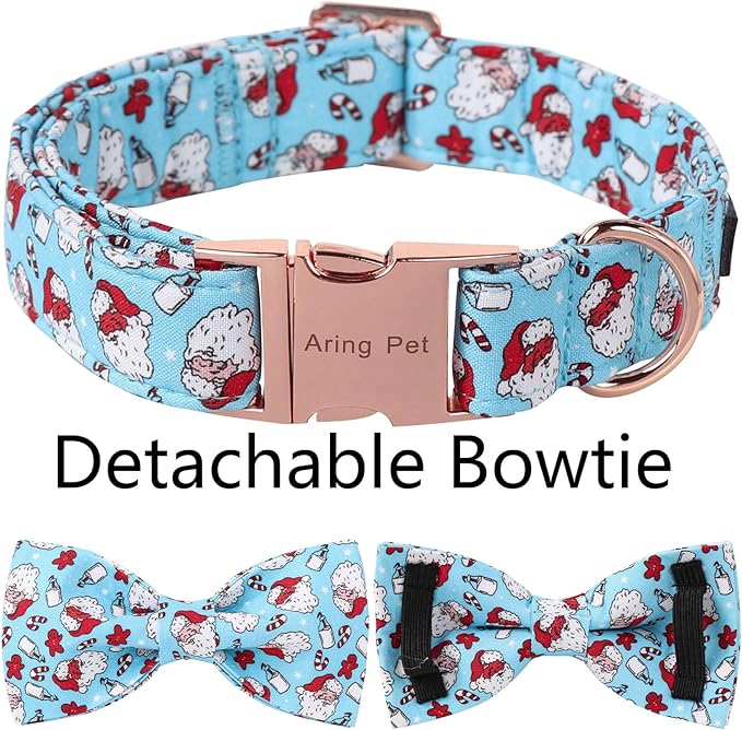 ARING PET Christmas Dog Collar-Cotton Blue Santa Claus Dog Collar with Bow, Adjustable Christmas Bowtie Dog Collars Pet Necklace with Metal Buckle for Girl&Boy Dogs