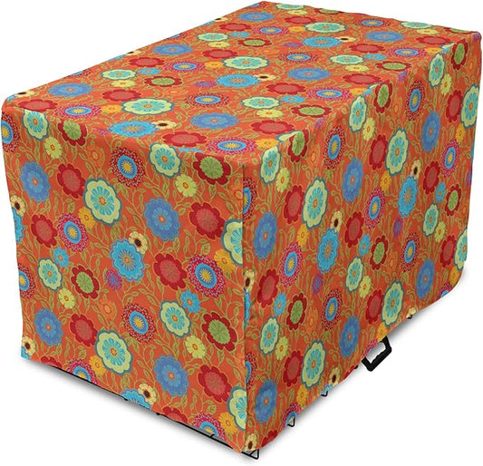 Ambesonne Floral Dog Crate Cover, Continuous Art Abstract Flowers and Outline Curls Leaves Print, Easy to Use Pet Kennel Cover for Cats & Medium Dogs, 24 Inch, Burnt Orange Multicolor