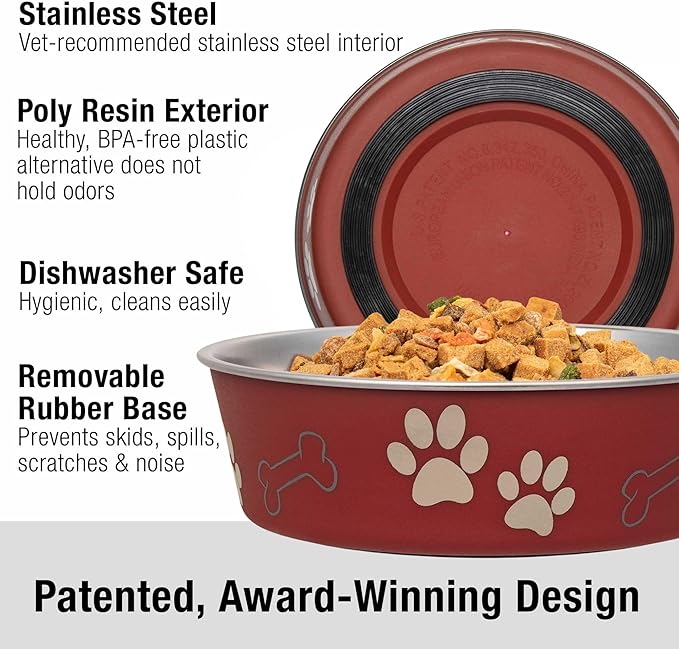 Loving Pets Bella Dog Bowls- Stainless Steel Dog & Cat Bowls - Spill Proof Dog Food Bowl, Cat Bowl, Puppy Essentials & Pet Supplies Great for Home & Travel (Large 35-65 lbs, Merlot)