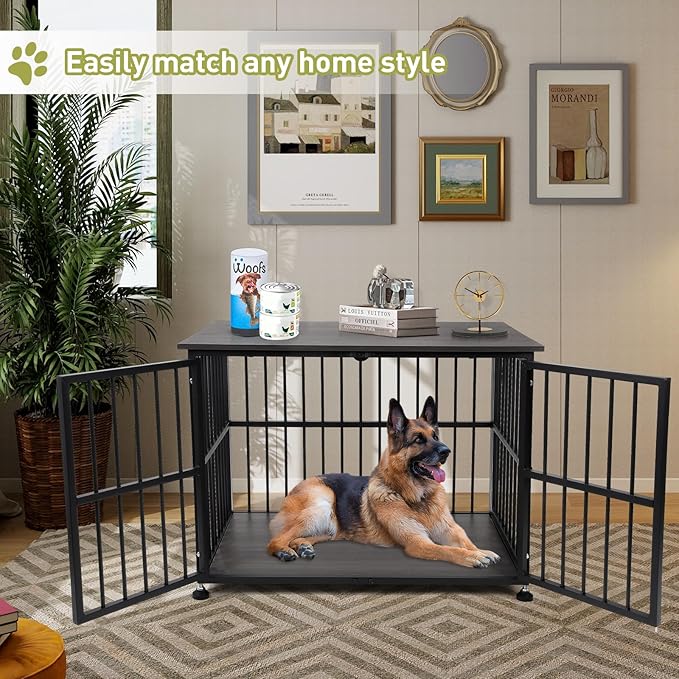 Dog Crate Furniture, 40'' Dog Kennel Indoor Foldable, Sturdy Wooden Dog Crate End Table Easy Assembly with Side Doors for Large and Medium Dog