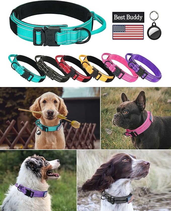 AUBELL Tactical Dog Collar - Adjustable Military Training Nylon Reflective Collar with Handle and Heavy Duty Durable Metal Buckle for Medium Dogs, with Airtag Holder and Patches(Teal, M)