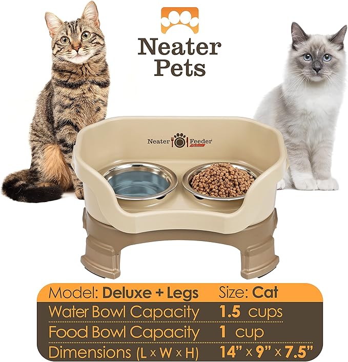 Neater Feeder Deluxe Mess Proof Cat Bowls Elevated for All Breeds – Made in USA – No Spill Raised Cat Bowls for Indoor Cats w/Leg Extensions – Stainless Steel Cat Food and Water Bowl Set - Beige