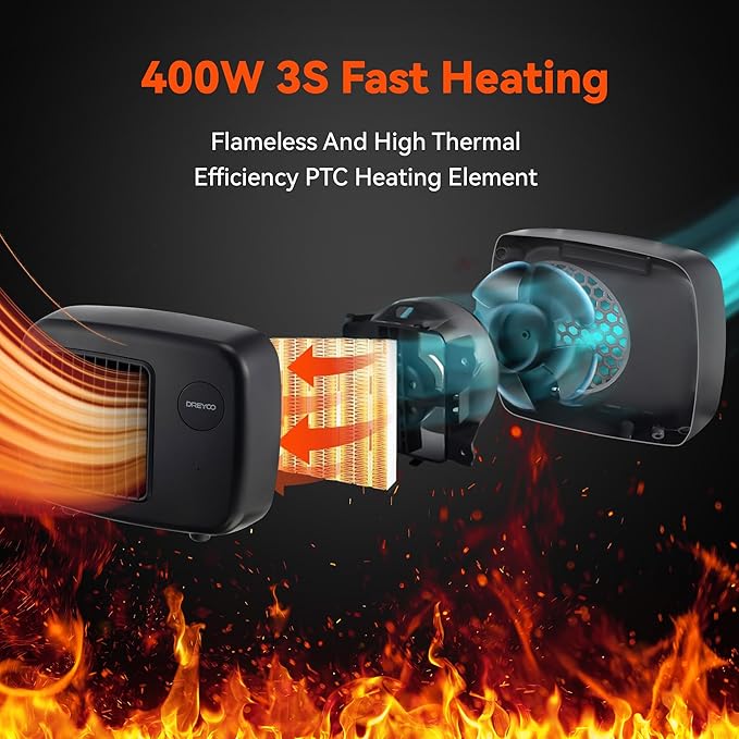 Dreyoo Dog House Heater with Thermostat, Pet House Heater with 6FT Anti Chew Cord and Safe Overheat Protection, 2 Heating Mode (200/400W) Pet House Furnace for Dogs Chicken Coops Rabbits(Black,1 Pc)