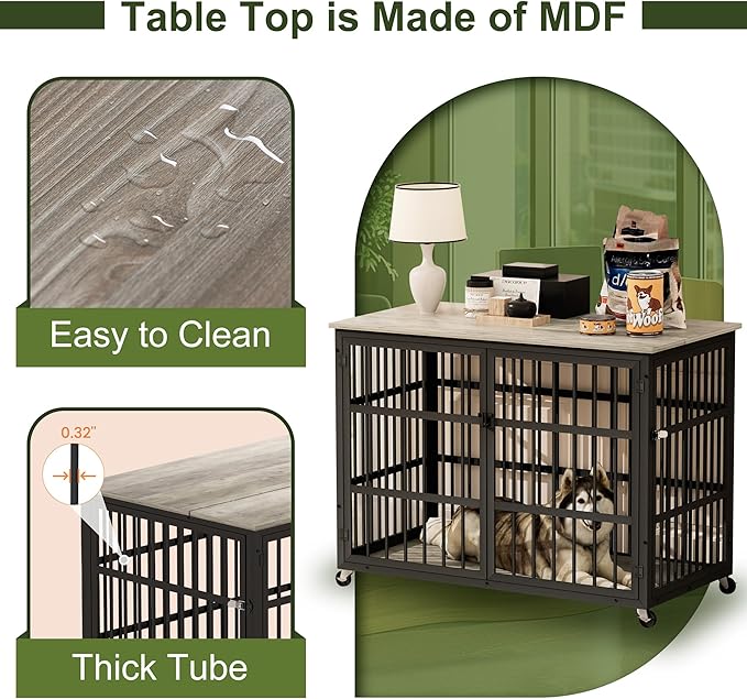 NicBex Dog Crate Furniture, 43.3" L Double Doors Flip-Top Kennel for Large Dogs, Grey