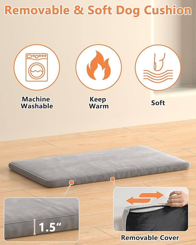 Piskyet Dog Crate Furniture with Cushion,Heavy-Duty Reinforced Metal Mesh,27" Wooden Dog Crate End Table with Double Doors,Indoor Dog Kennel,Dog Cage Side Table for Small Breed,Rustic Brown