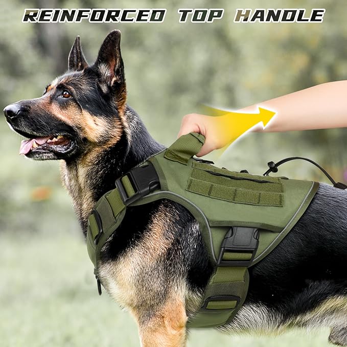 WINGOIN Green Harness with Handle Tactical Dog Harness for Large Dogs No Pull Adjustable Reflective K9 Military Dog Vest Harnesses with Easy Control Handle and Hook & Loop Pa(XL)