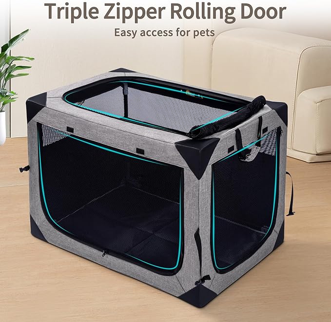 Dog Crates - 36 Inch Collapsible Soft Dog Crate, 3-Door Foldable Soft Kennel for Large Dogs, Portable Pet Travel Cage with Chew Proof Mesh Window for Outdoors