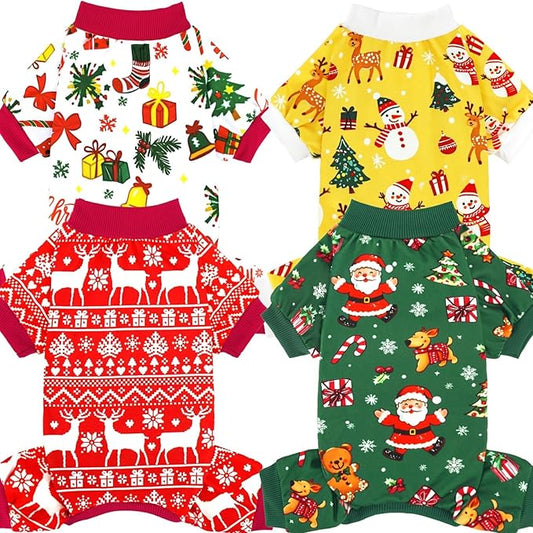 Xpudac 4 Pack Christmas Dog Pajamas Santa Pet Clothes Cute Reindeer Snowman Dog Pajamas for Small Medium Dogs(X-Small) 81-hongbai-XS