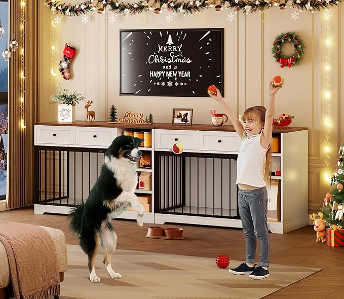 Dog Crate Furniture 47”, Large Dog Crate TV Stand with 2 Drawers and 4 Shelves, Wooden Dog Kennel Indoor, Decorative Dog Cage with Storage for Large Dogs, White