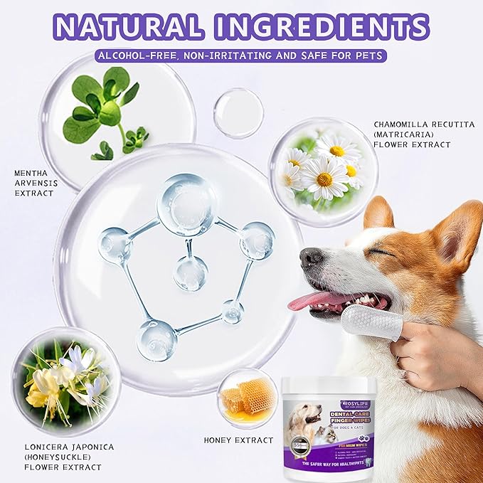 55 Counts Dogs & Cats Dental Care Wipes - Dog Teeth Cleaning Finger Wipes - Dog Tooth Brushing Kit Dental Wipes - Remove Bad Breath by Removing Plaque and Tartar Buildup & Freshens Breath